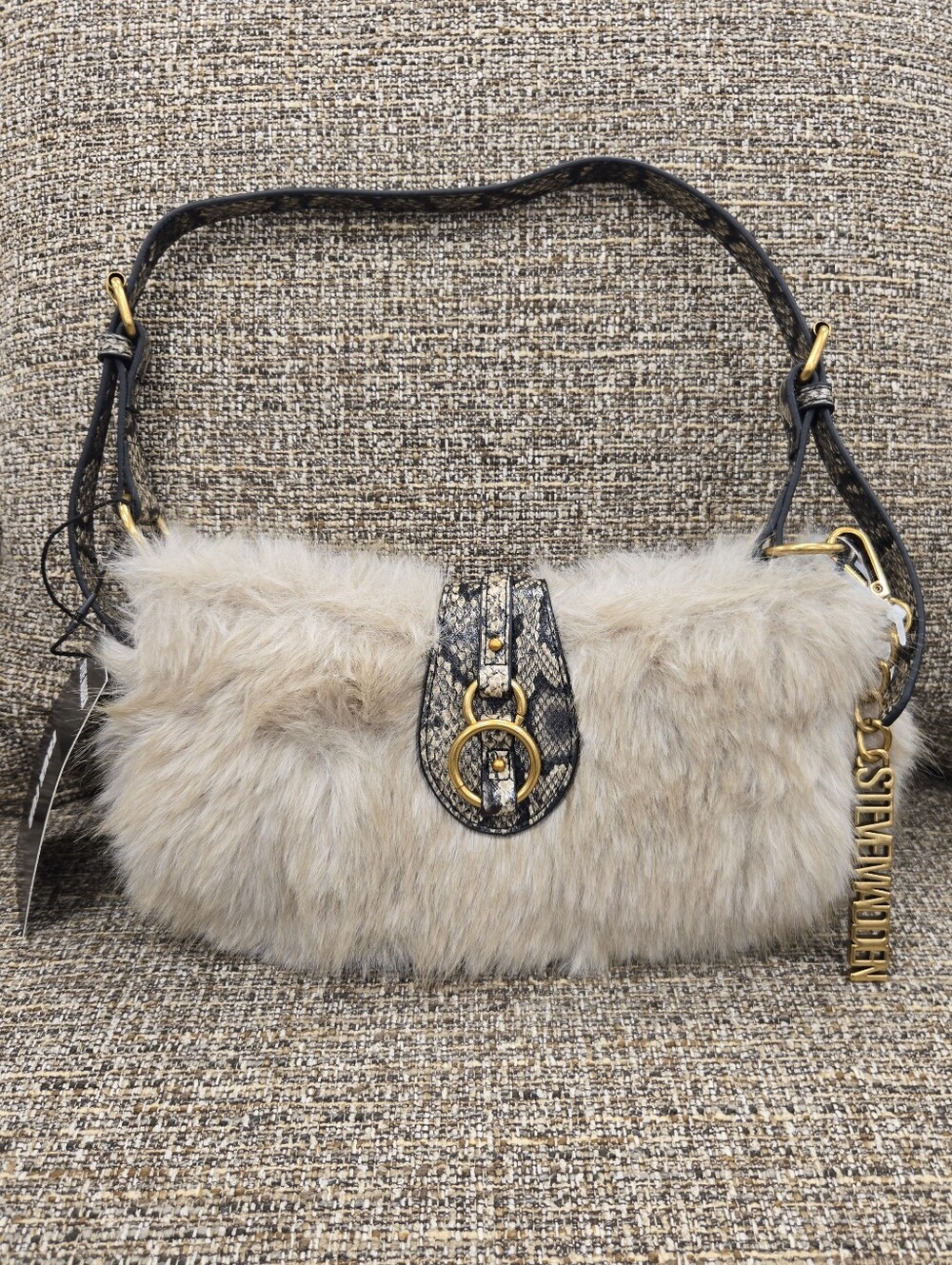 Steve Madden Beige Faux Fur Shoulder Bag with Snake-Print Trim